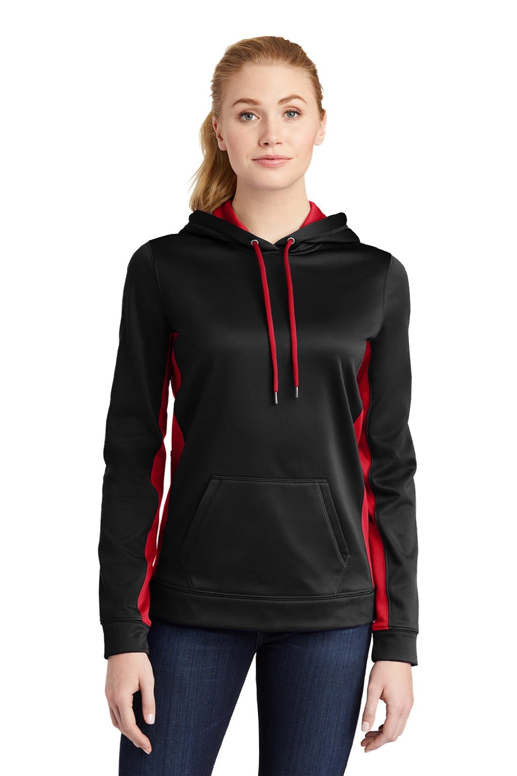 Sport-Tek LST235 Womens Sport-Wick Moisture Wicking Fleece Hooded Sweatshirt Hoodie w/ Pouch Pocket Black/Deep Red Model Front