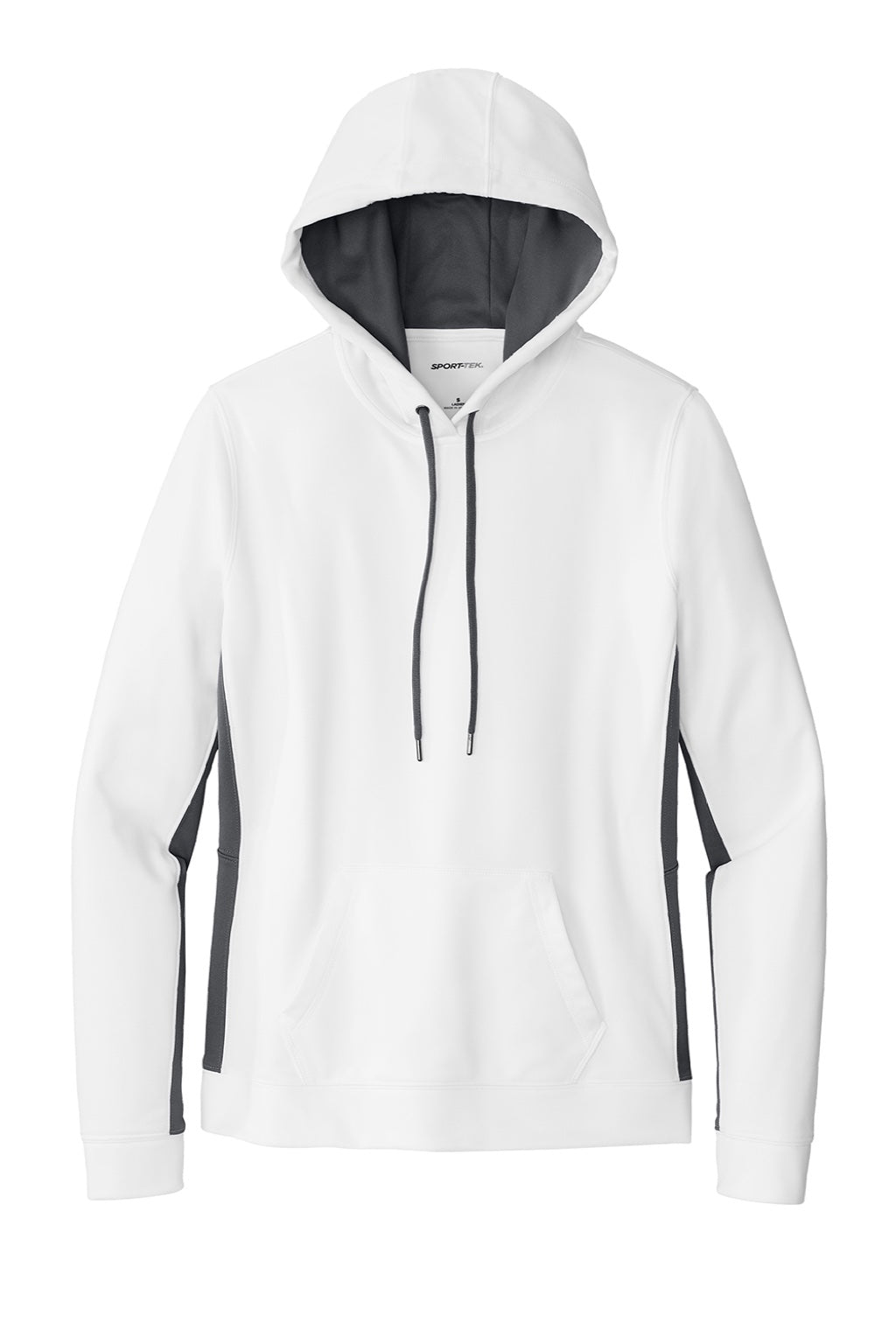 Sport-Tek LST235 Womens Sport-Wick Moisture Wicking Fleece Hooded Sweatshirt Hoodie w/ Pouch Pocket White/Dark Smoke Grey Flat Front