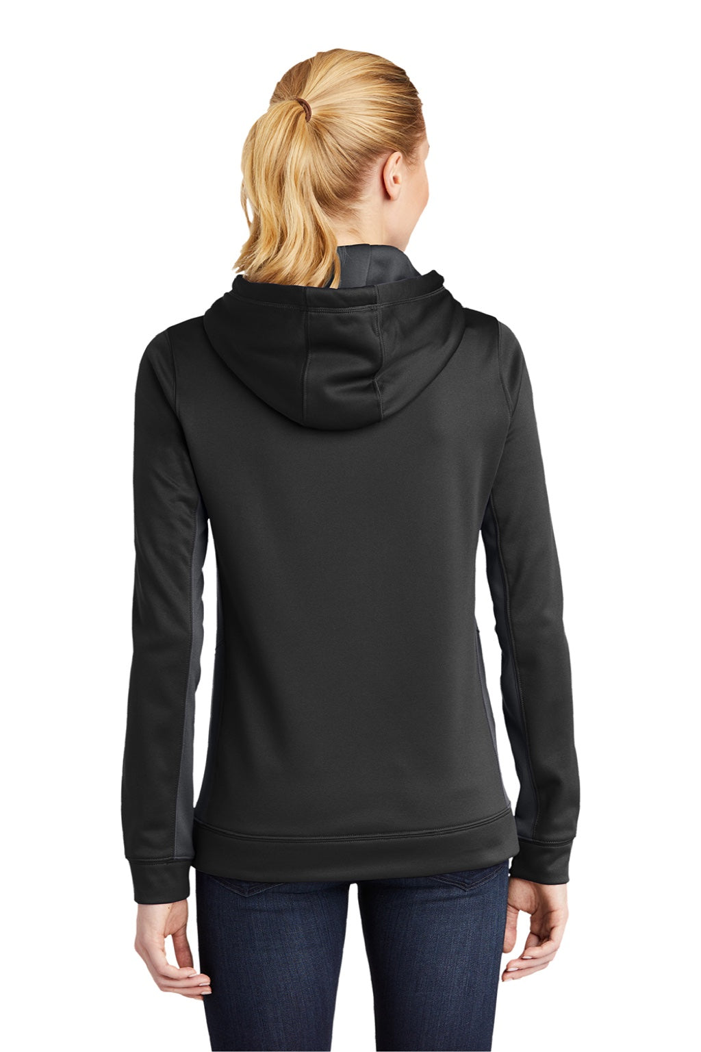 Sport-Tek LST235 Womens Sport-Wick Moisture Wicking Fleece Hooded Sweatshirt Hoodie w/ Pouch Pocket Black/Dark Smoke Grey Model Back