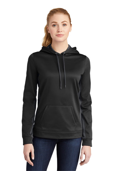 Sport-Tek LST235 Womens Sport-Wick Moisture Wicking Fleece Hooded Sweatshirt Hoodie w/ Pouch Pocket Black/Dark Smoke Grey Model Front