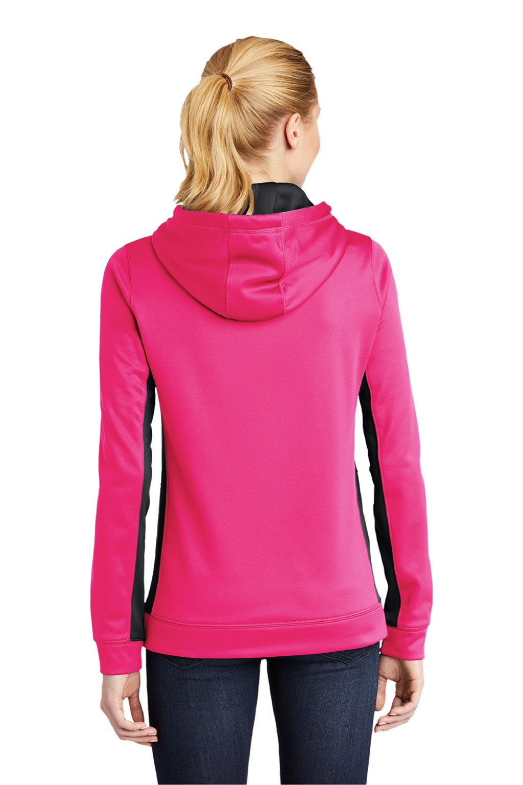 Sport-Tek LST235 Womens Sport-Wick Moisture Wicking Fleece Hooded Sweatshirt Hoodie w/ Pouch Pocket Neon Pink/Black Model Back