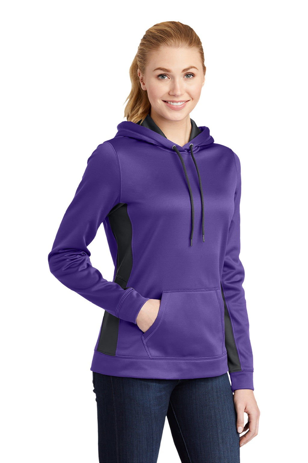 Sport-Tek LST235 Womens Sport-Wick Moisture Wicking Fleece Hooded Sweatshirt Hoodie w/ Pouch Pocket Purple/Dark Smoke Grey Model 3q
