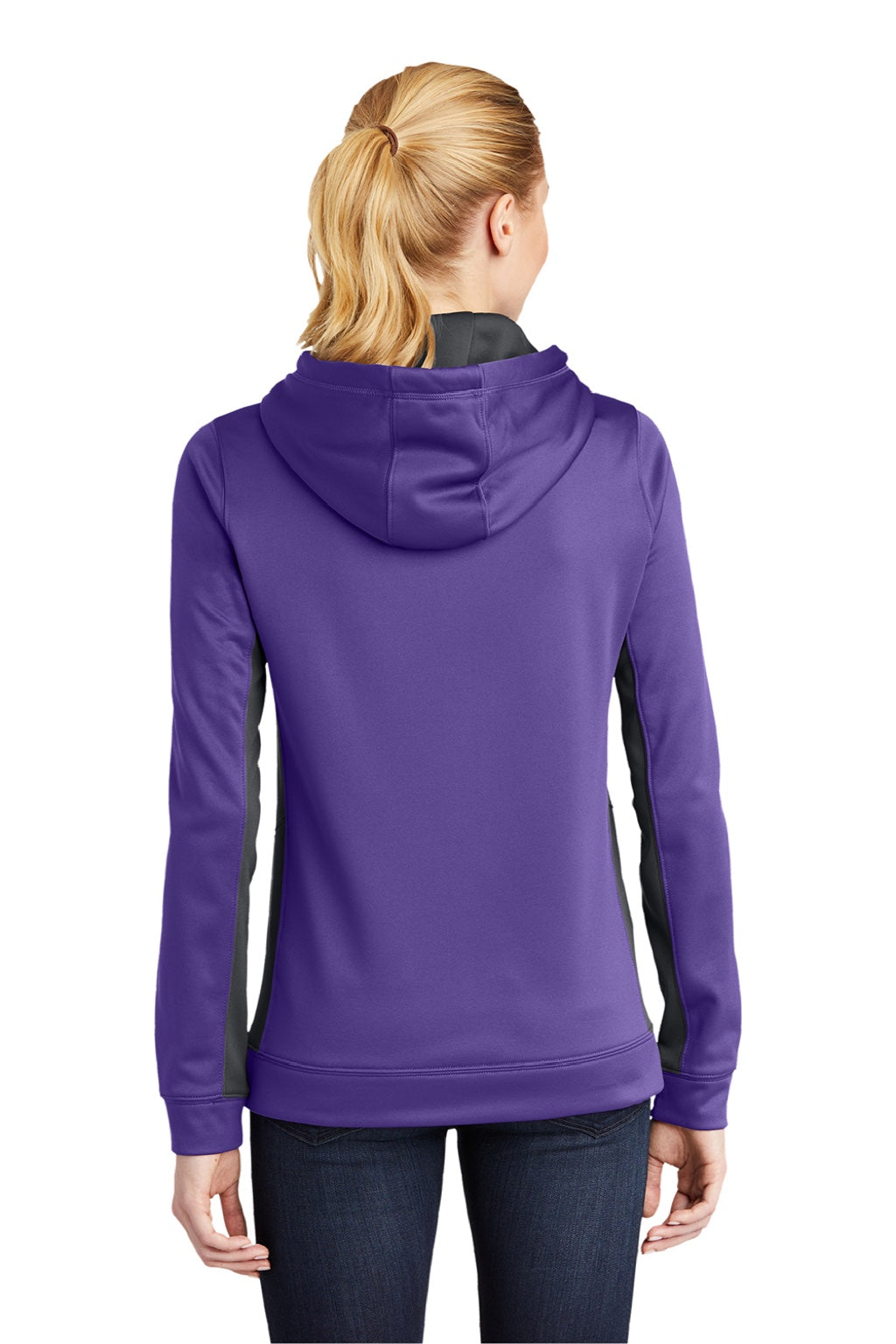 Sport-Tek LST235 Womens Sport-Wick Moisture Wicking Fleece Hooded Sweatshirt Hoodie w/ Pouch Pocket Purple/Dark Smoke Grey Model Back