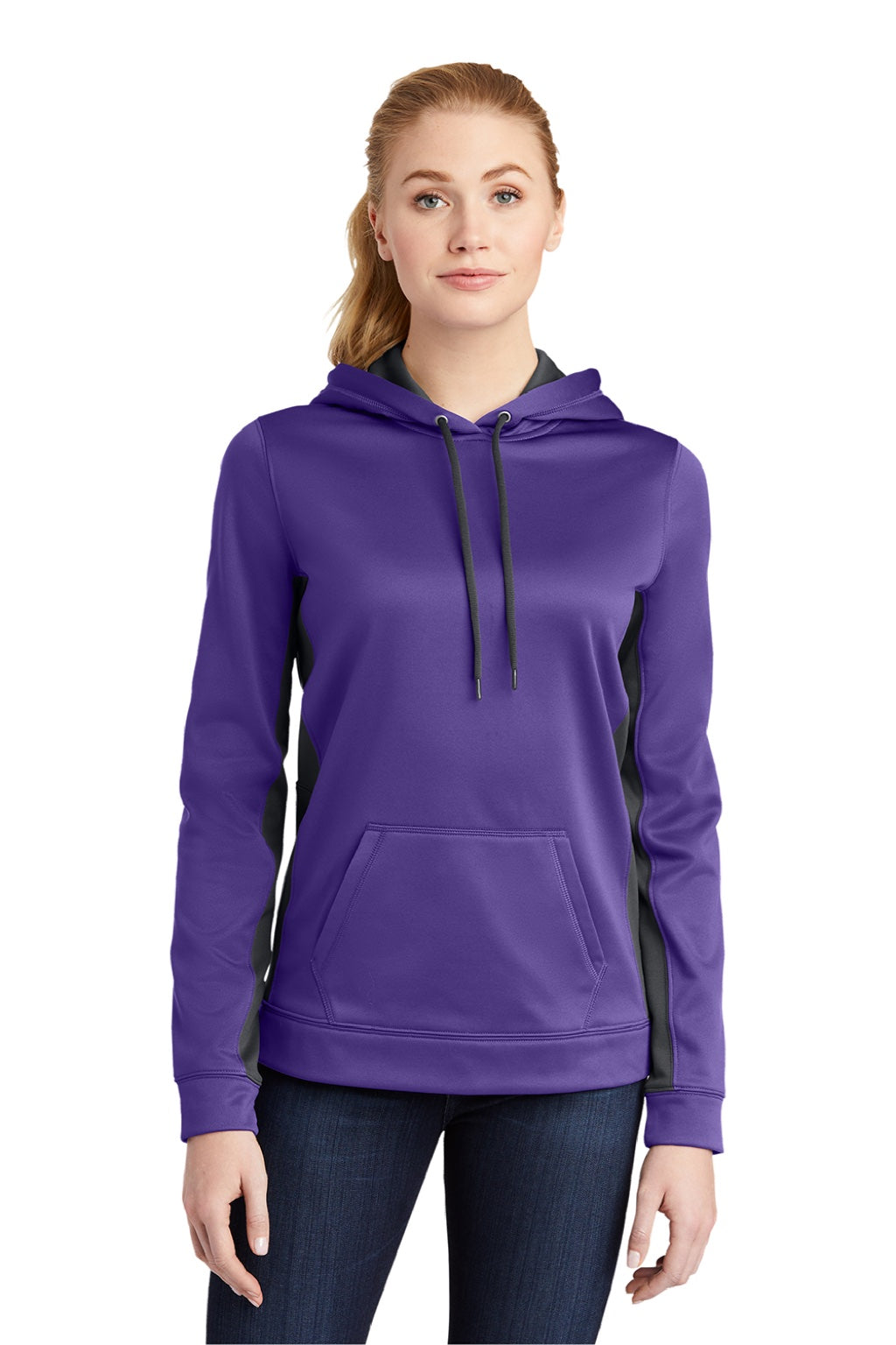 Sport-Tek LST235 Womens Sport-Wick Moisture Wicking Fleece Hooded Sweatshirt Hoodie w/ Pouch Pocket Purple/Dark Smoke Grey Model Front