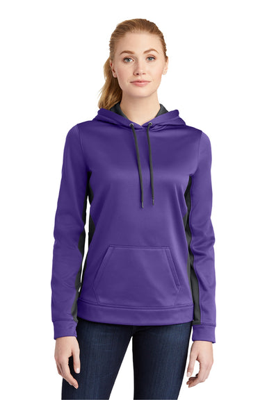 Sport-Tek LST235 Womens Sport-Wick Moisture Wicking Fleece Hooded Sweatshirt Hoodie w/ Pouch Pocket Purple/Dark Smoke Grey Model Front