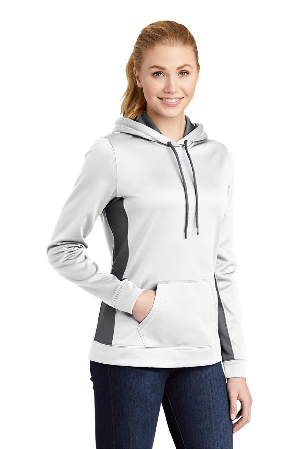 Sport-Tek LST235 Womens Sport-Wick Moisture Wicking Fleece Hooded Sweatshirt Hoodie w/ Pouch Pocket White/Dark Smoke Grey Model 3q