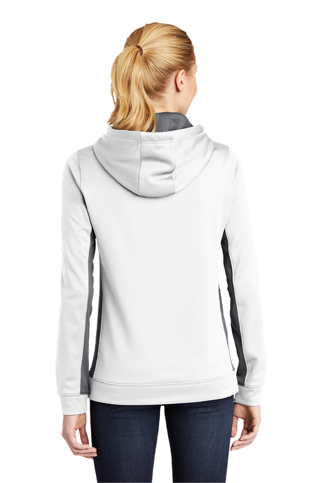 Sport-Tek LST235 Womens Sport-Wick Moisture Wicking Fleece Hooded Sweatshirt Hoodie w/ Pouch Pocket White/Dark Smoke Grey Model Back