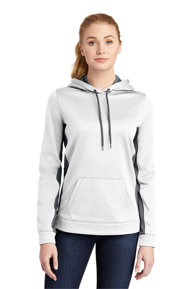 Sport-Tek LST235 Womens Sport-Wick Moisture Wicking Fleece Hooded Sweatshirt Hoodie w/ Pouch Pocket White/Dark Smoke Grey Model Front