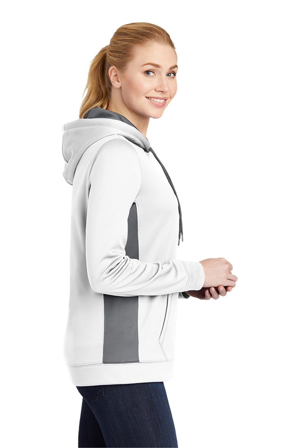 Sport-Tek LST235 Womens Sport-Wick Moisture Wicking Fleece Hooded Sweatshirt Hoodie w/ Pouch Pocket White/Dark Smoke Grey Model Side