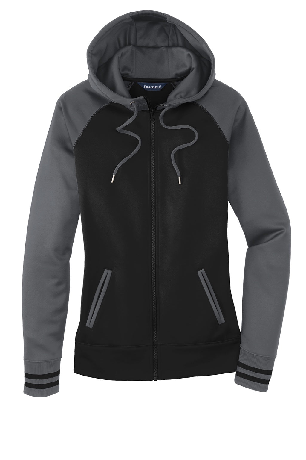 Sport-Tek LST236 Womens Sport-Wick Moisture Wicking Fleece Hooded Sweatshirt Hoodie w/ Pockets Black/Dark Smoke Grey Flat Front