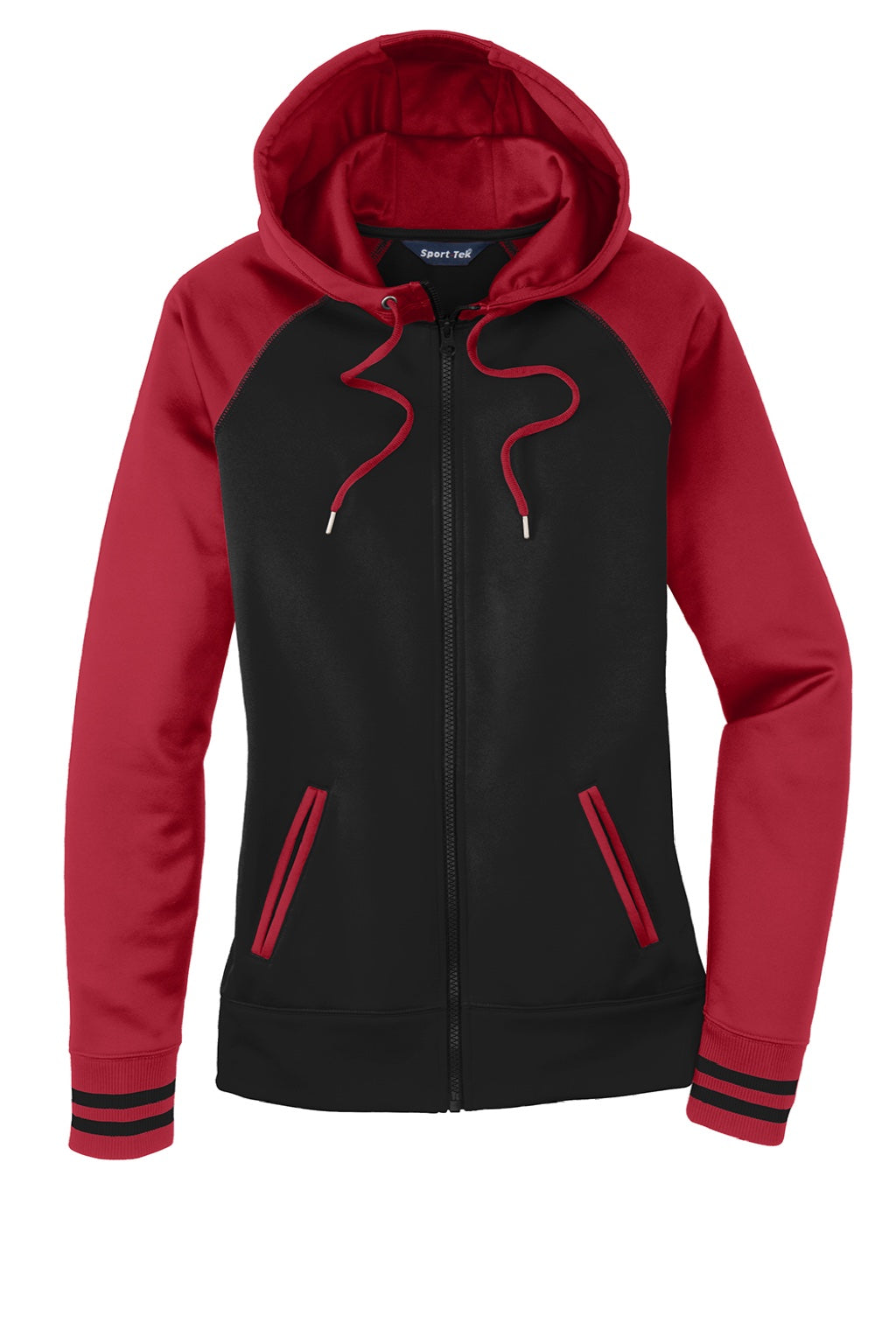 Sport-Tek LST236 Womens Sport-Wick Moisture Wicking Fleece Hooded Sweatshirt Hoodie w/ Pockets Black/Deep Red Flat Front