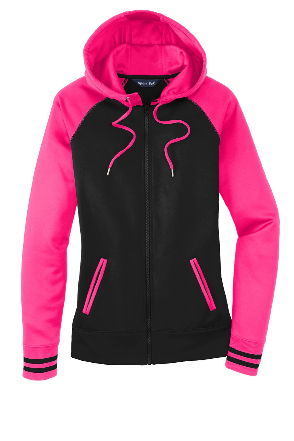 Sport-Tek LST236 Womens Sport-Wick Moisture Wicking Fleece Hooded Sweatshirt Hoodie w/ Pockets Black/Neon Pink Flat Front