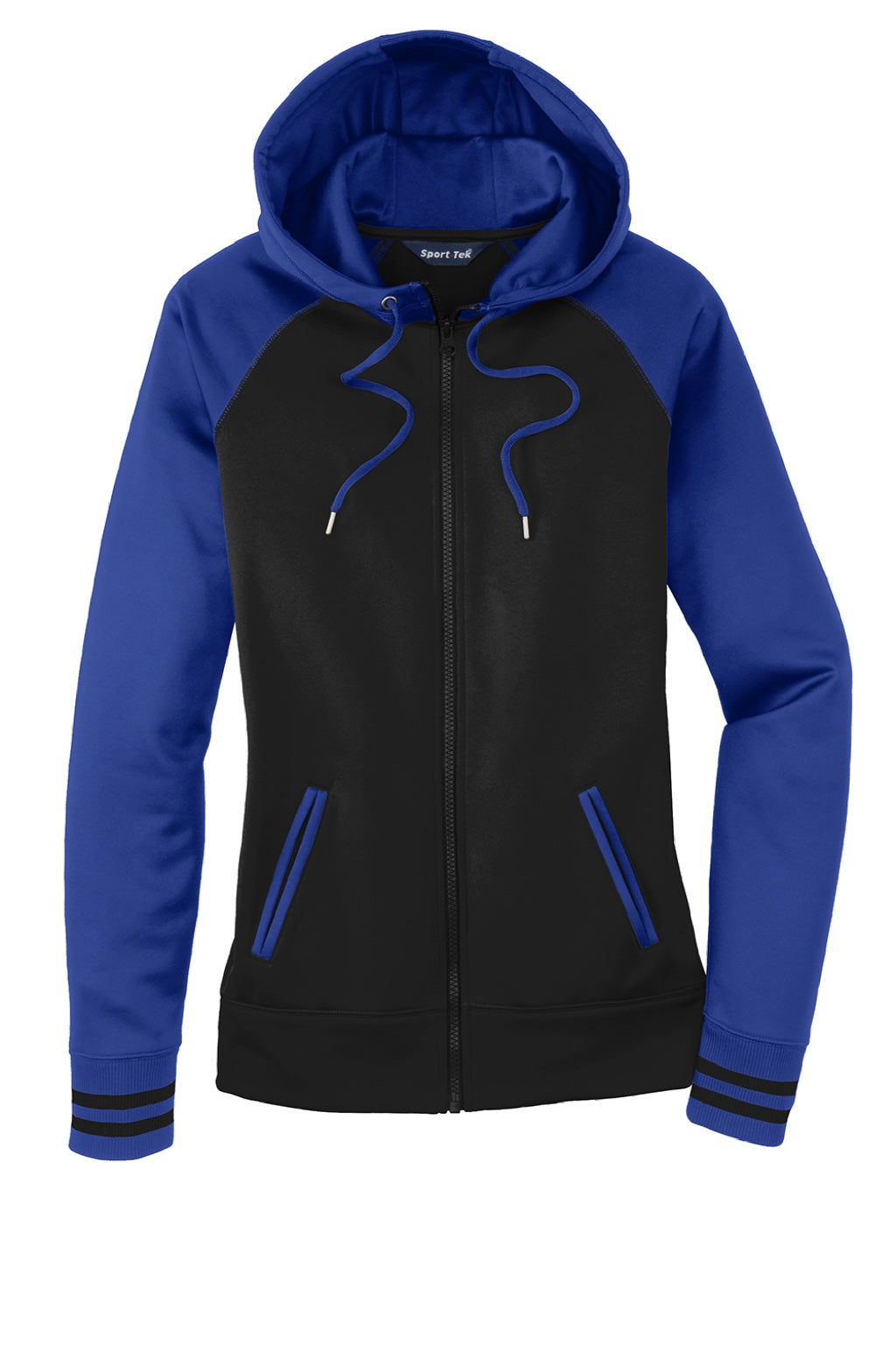 Sport-Tek LST236 Womens Sport-Wick Moisture Wicking Fleece Hooded Sweatshirt Hoodie w/ Pockets Black/True Royal Blue Flat Front