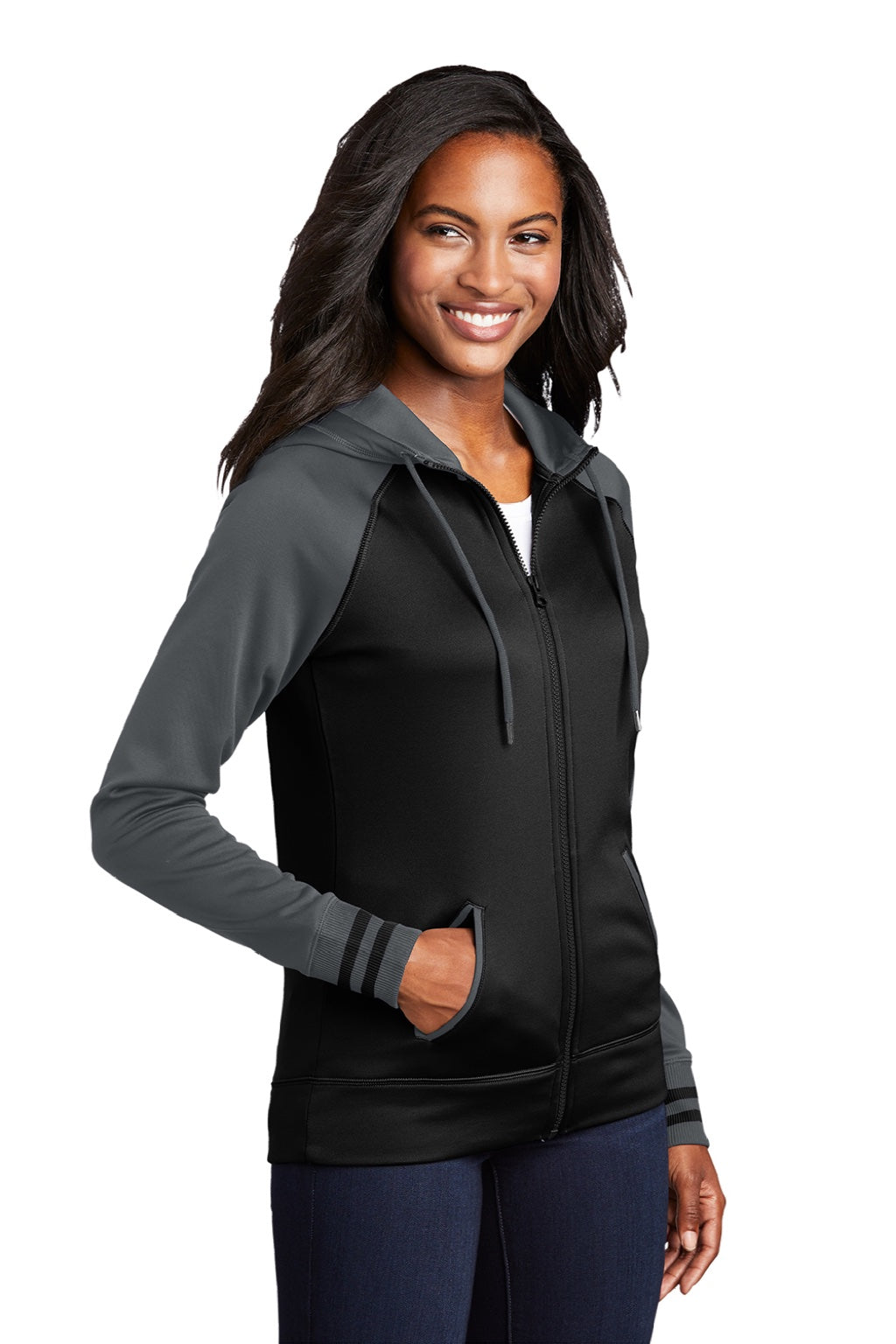 Sport-Tek LST236 Womens Sport-Wick Moisture Wicking Fleece Hooded Sweatshirt Hoodie w/ Pockets Black/Dark Smoke Grey Model 3q