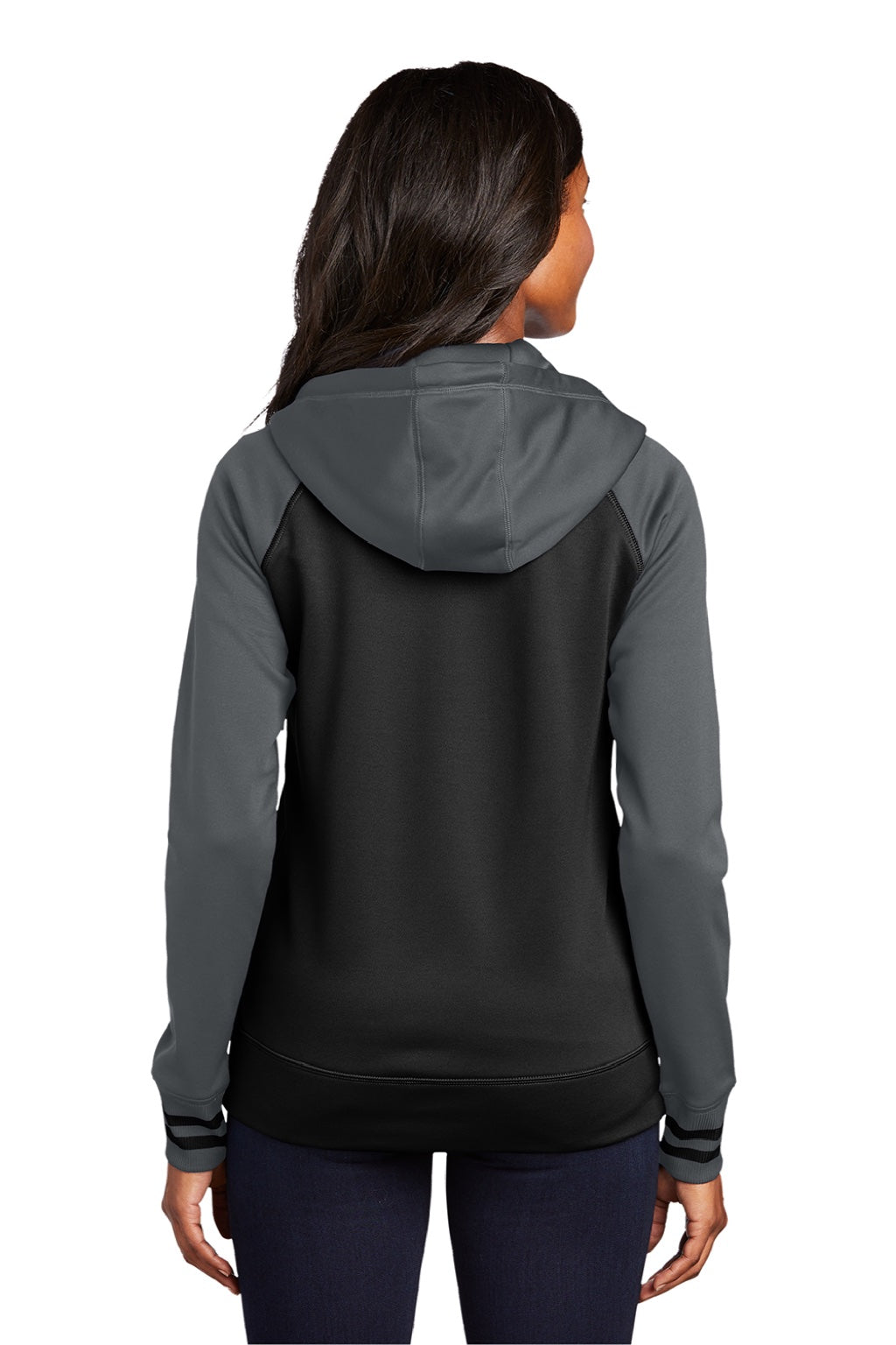 Sport-Tek LST236 Womens Sport-Wick Moisture Wicking Fleece Hooded Sweatshirt Hoodie w/ Pockets Black/Dark Smoke Grey Model Back
