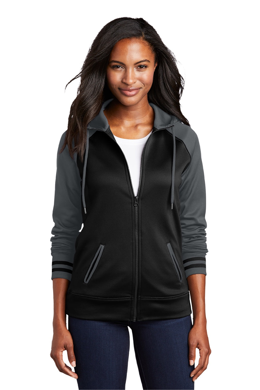Sport-Tek LST236 Womens Sport-Wick Moisture Wicking Fleece Hooded Sweatshirt Hoodie w/ Pockets Black/Dark Smoke Grey Model Front