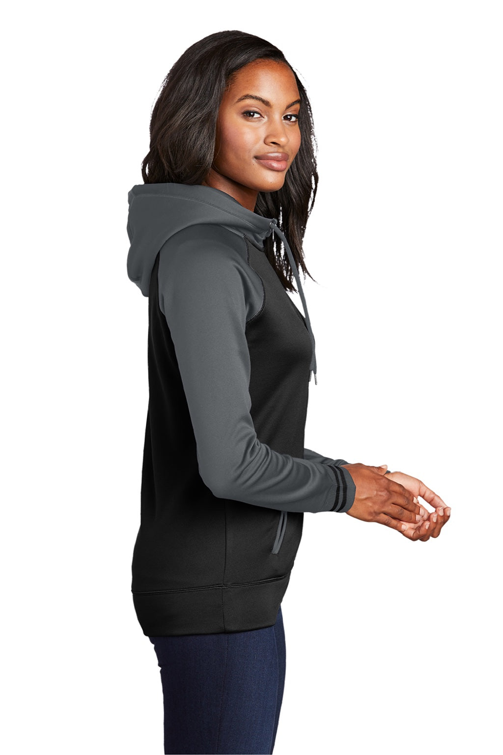 Sport-Tek LST236 Womens Sport-Wick Moisture Wicking Fleece Hooded Sweatshirt Hoodie w/ Pockets Black/Dark Smoke Grey Model Side