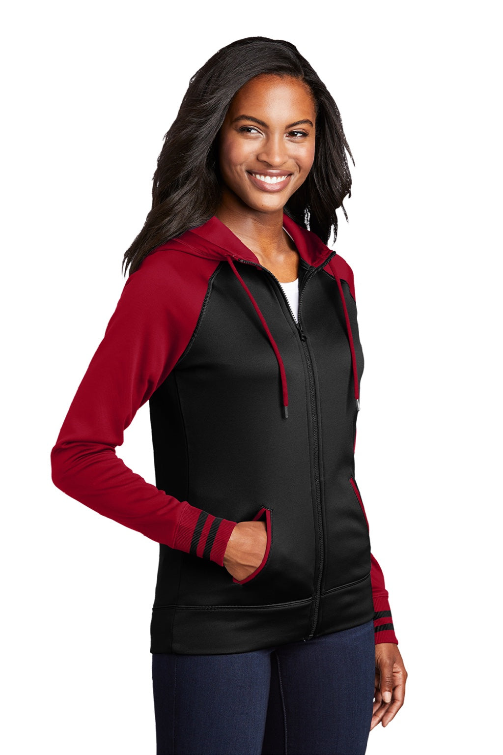 Sport-Tek LST236 Womens Sport-Wick Moisture Wicking Fleece Hooded Sweatshirt Hoodie w/ Pockets Black/Deep Red Model 3q