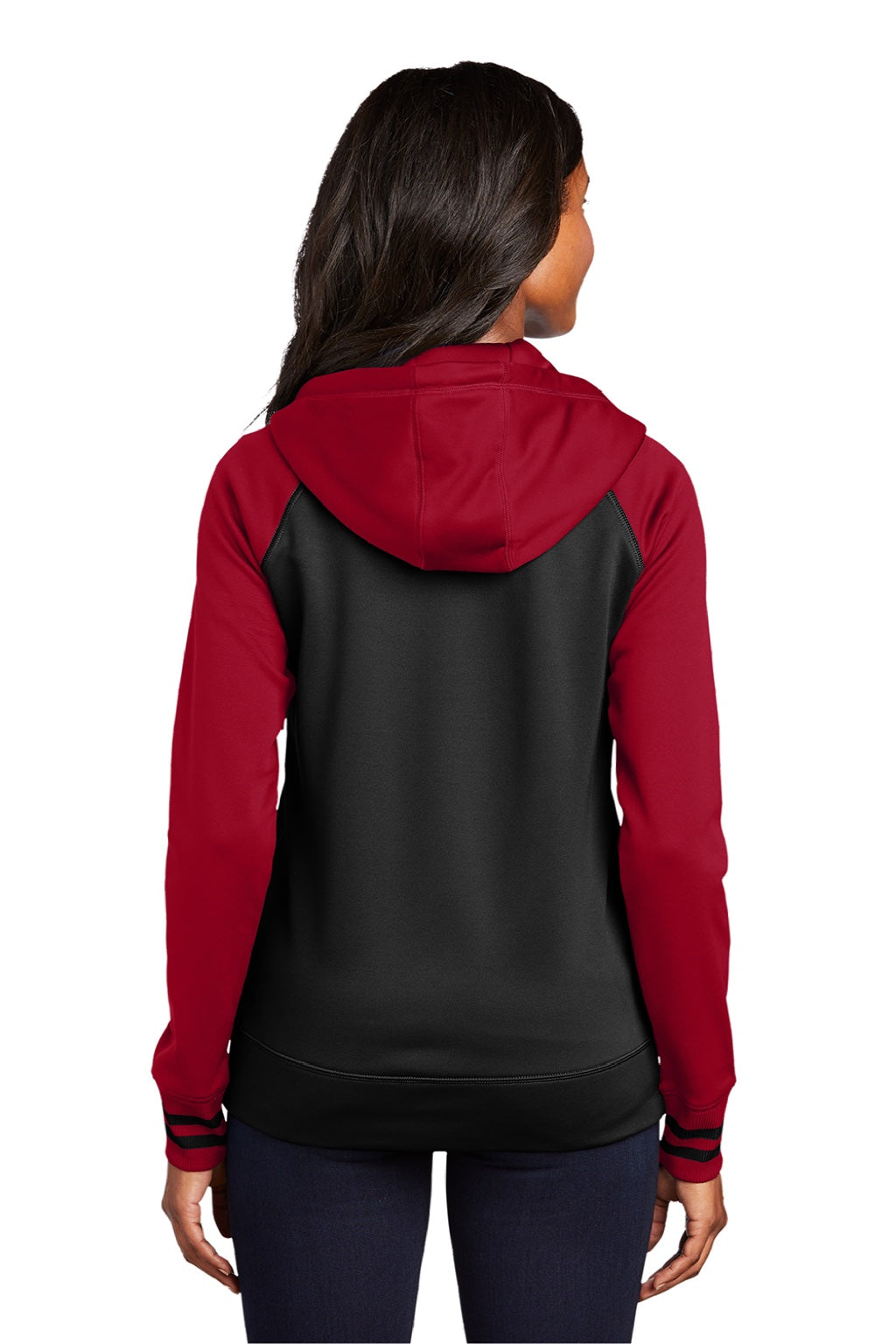 Sport-Tek LST236 Womens Sport-Wick Moisture Wicking Fleece Hooded Sweatshirt Hoodie w/ Pockets Black/Deep Red Model Back