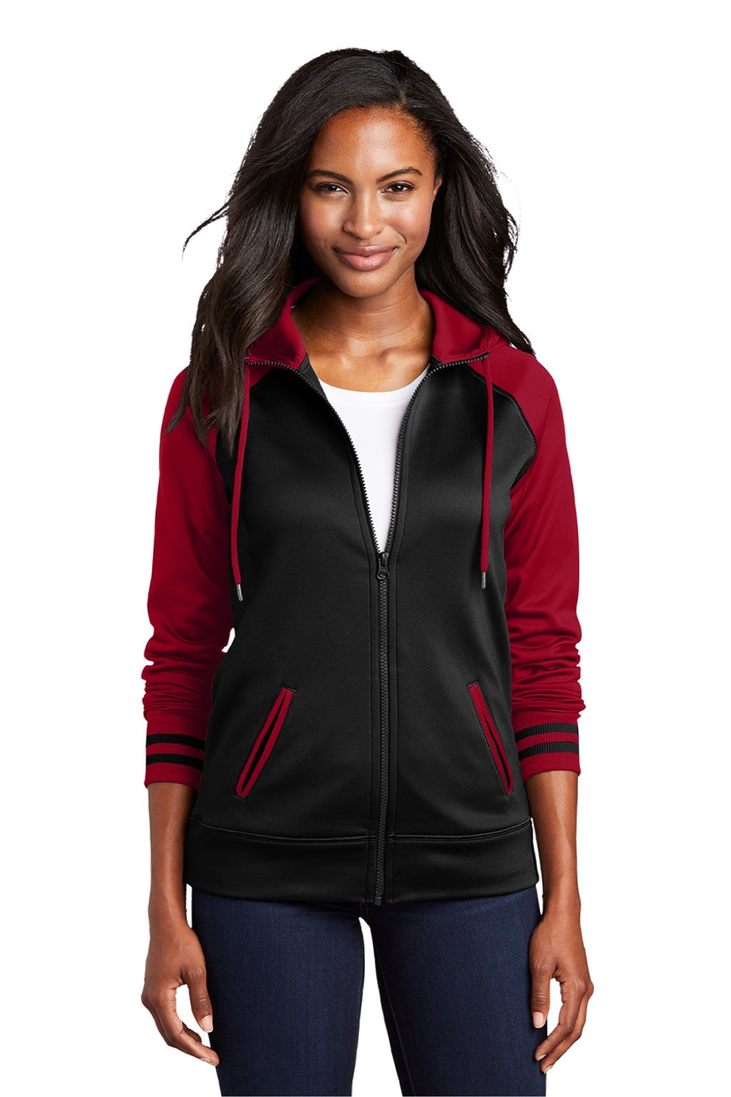Sport-Tek LST236 Womens Sport-Wick Moisture Wicking Fleece Hooded Sweatshirt Hoodie w/ Pockets Black/Deep Red Model Front