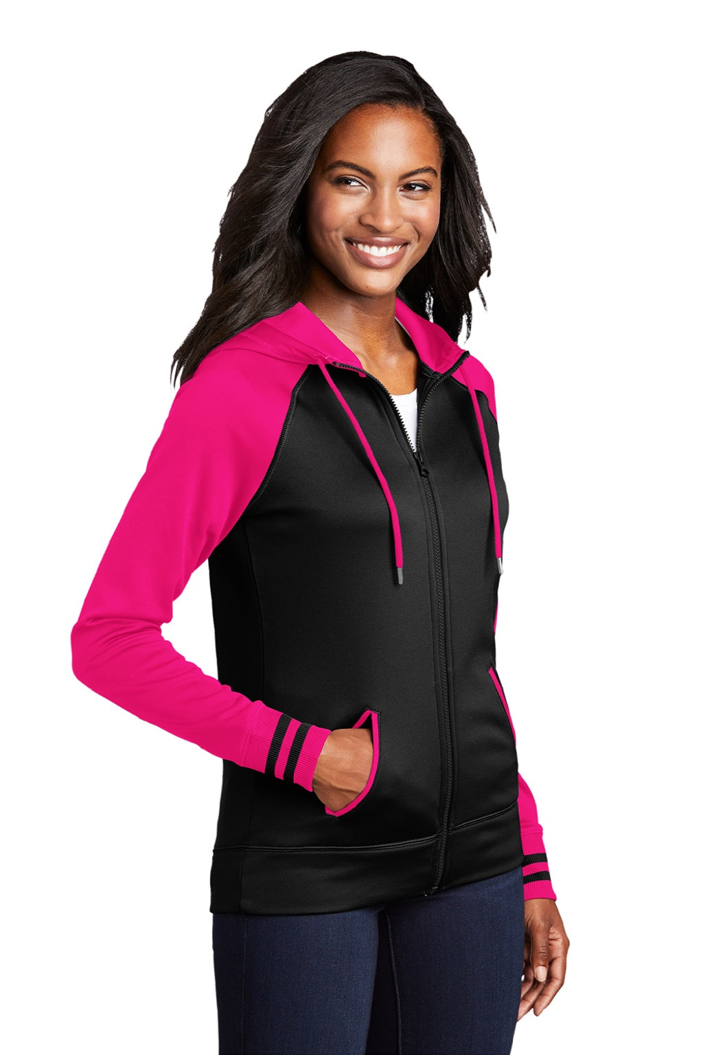 Sport-Tek LST236 Womens Sport-Wick Moisture Wicking Fleece Hooded Sweatshirt Hoodie w/ Pockets Black/Neon Pink Model 3q
