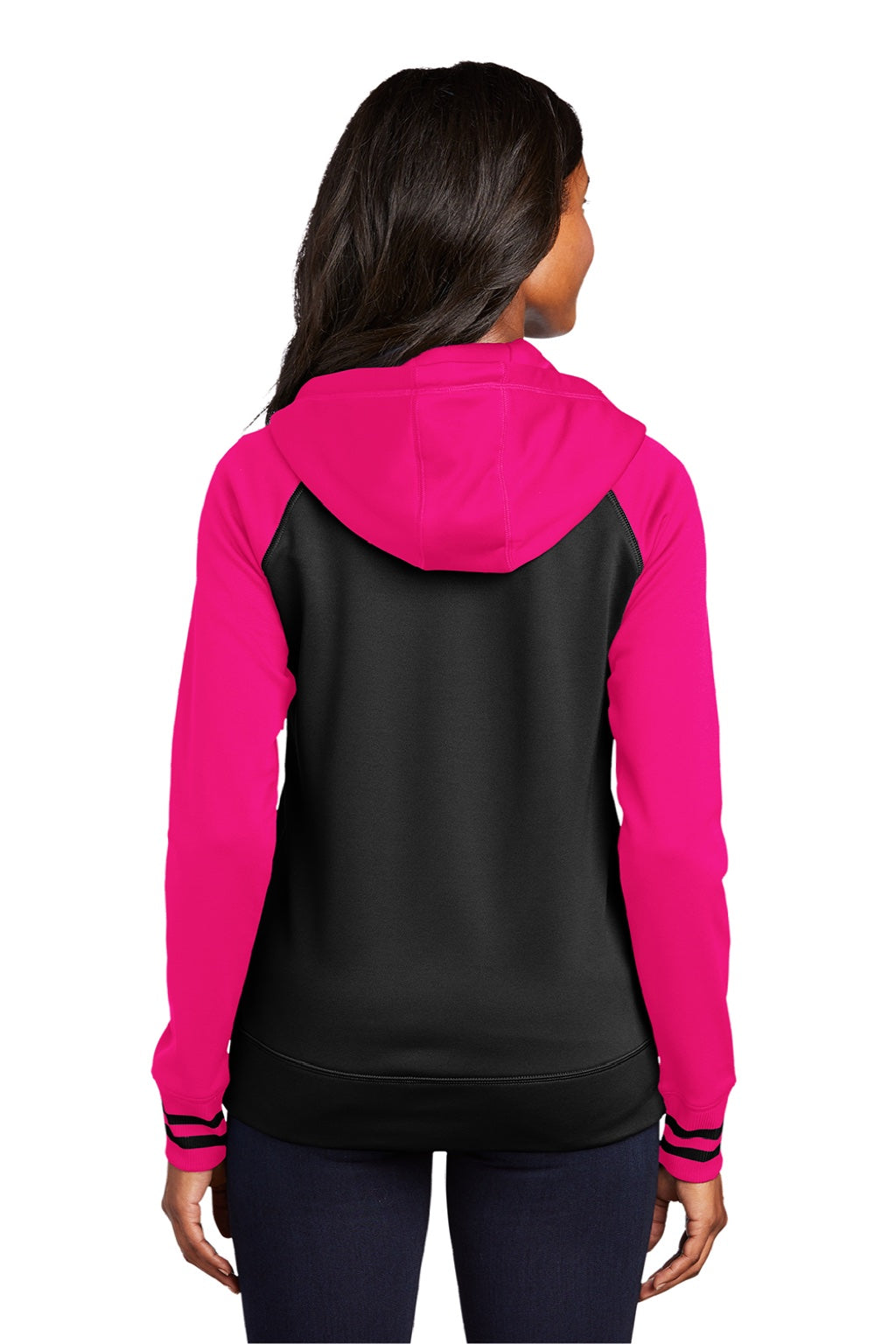 Sport-Tek LST236 Womens Sport-Wick Moisture Wicking Fleece Hooded Sweatshirt Hoodie w/ Pockets Black/Neon Pink Model Back