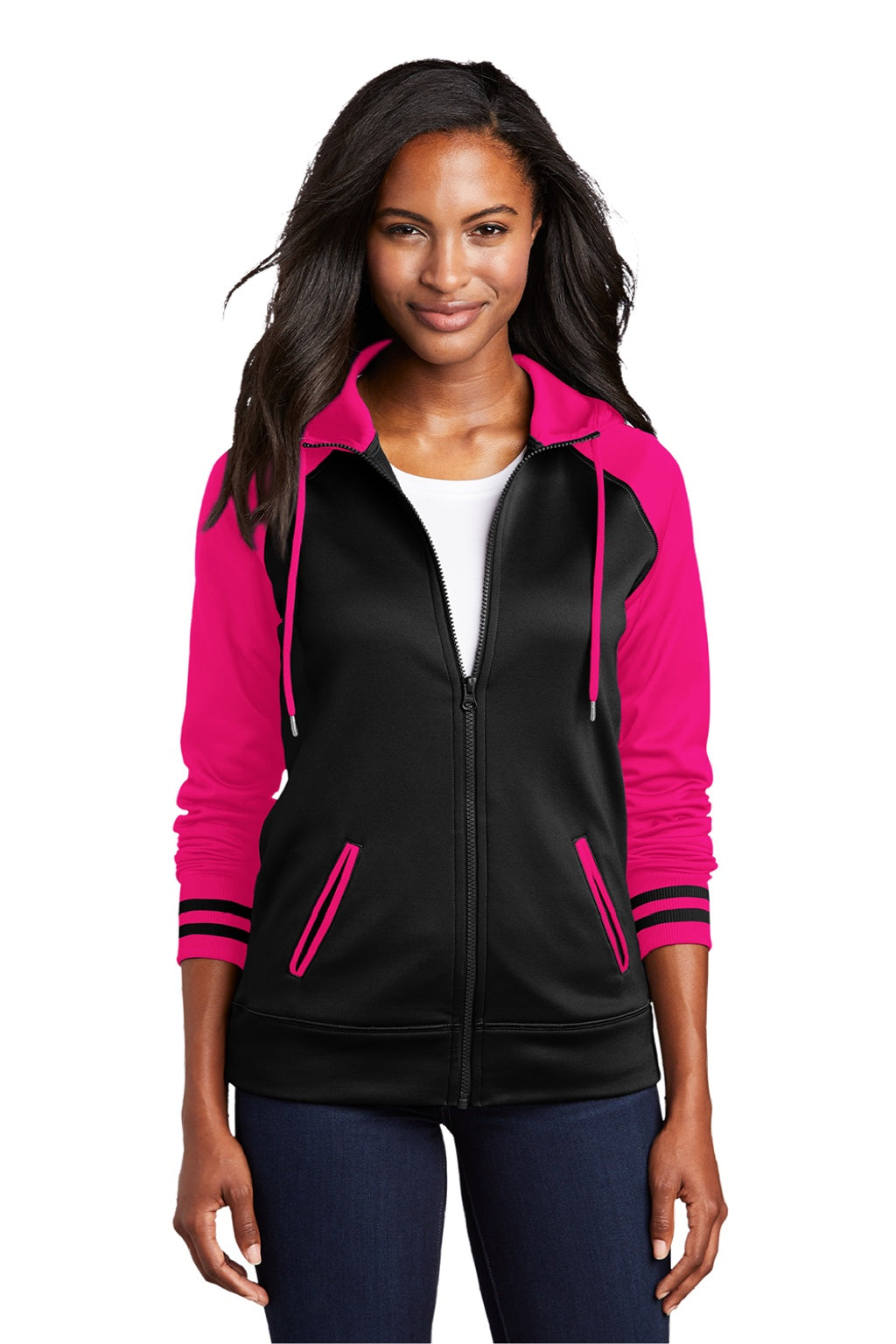 Sport-Tek LST236 Womens Sport-Wick Moisture Wicking Fleece Hooded Sweatshirt Hoodie w/ Pockets Black/Neon Pink Model Front