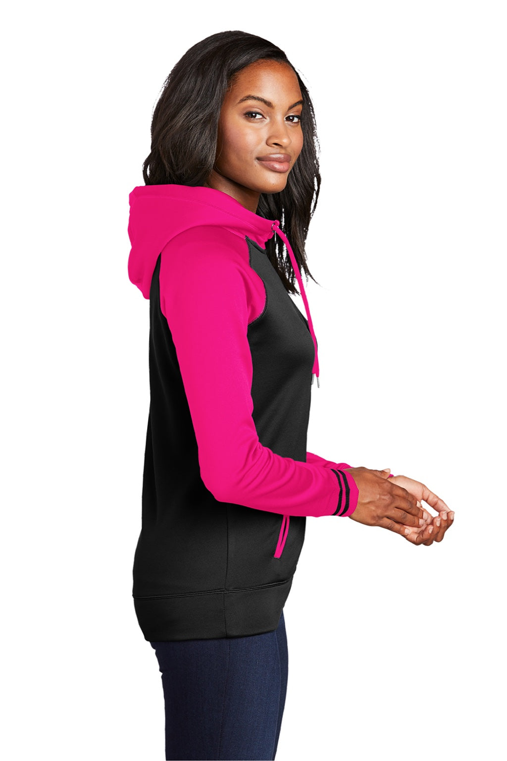 Sport-Tek LST236 Womens Sport-Wick Moisture Wicking Fleece Hooded Sweatshirt Hoodie w/ Pockets Black/Neon Pink Model Side