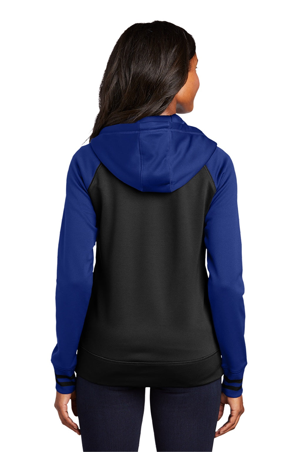 Sport-Tek LST236 Womens Sport-Wick Moisture Wicking Fleece Hooded Sweatshirt Hoodie w/ Pockets Black/True Royal Blue Model Back