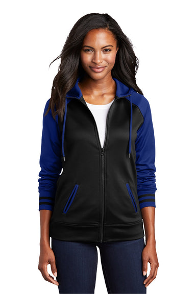 Sport-Tek LST236 Womens Sport-Wick Moisture Wicking Fleece Hooded Sweatshirt Hoodie w/ Pockets Black/True Royal Blue Model Front