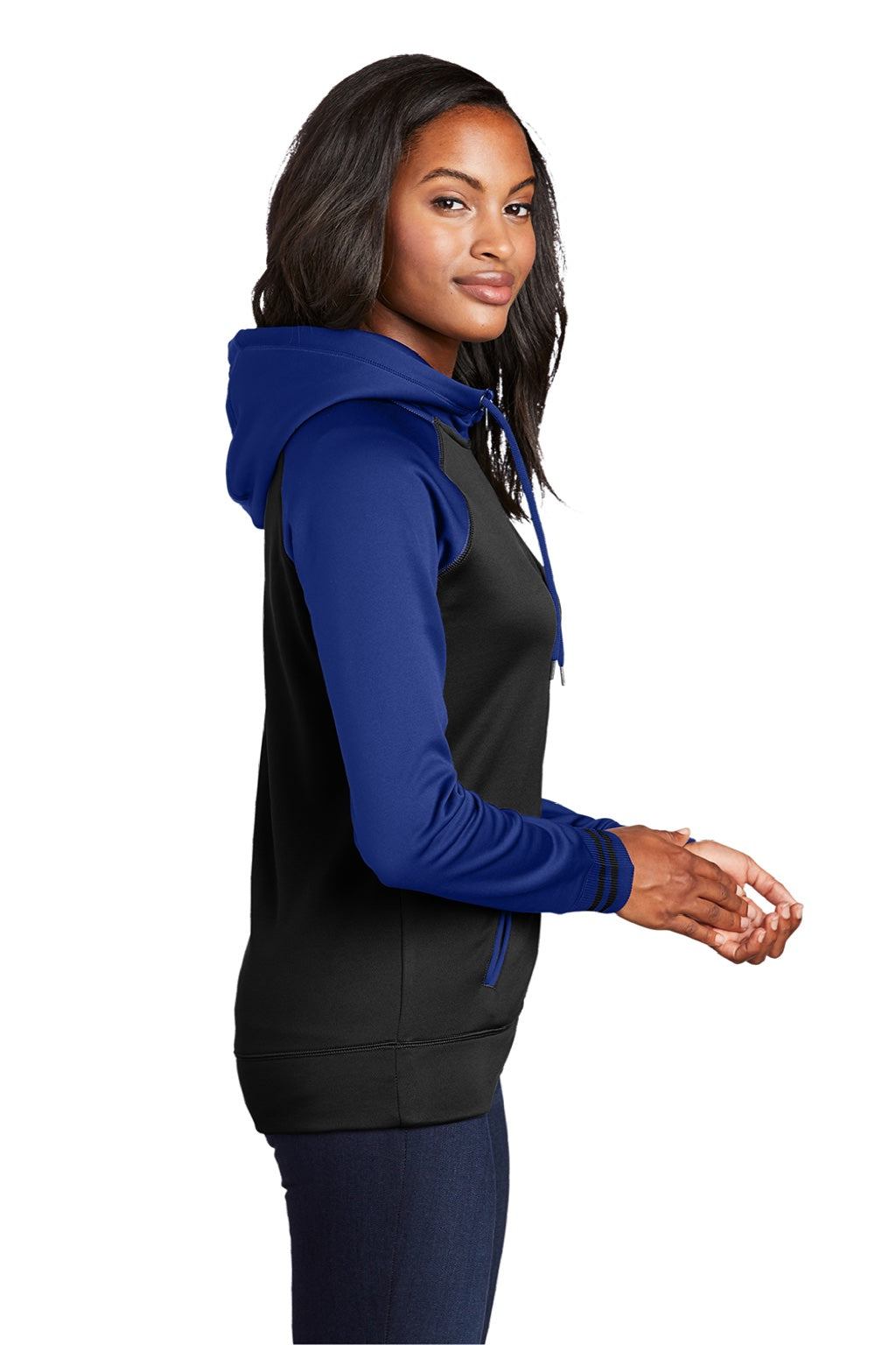 Sport-Tek LST236 Womens Sport-Wick Moisture Wicking Fleece Hooded Sweatshirt Hoodie w/ Pockets Black/True Royal Blue Model Side