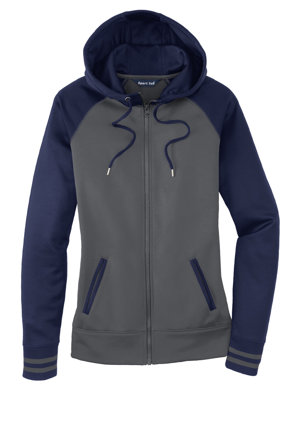 Sport-Tek LST236 Womens Sport-Wick Moisture Wicking Fleece Hooded Sweatshirt Hoodie w/ Pockets Dark Smoke Grey/Navy Blue Flat Front