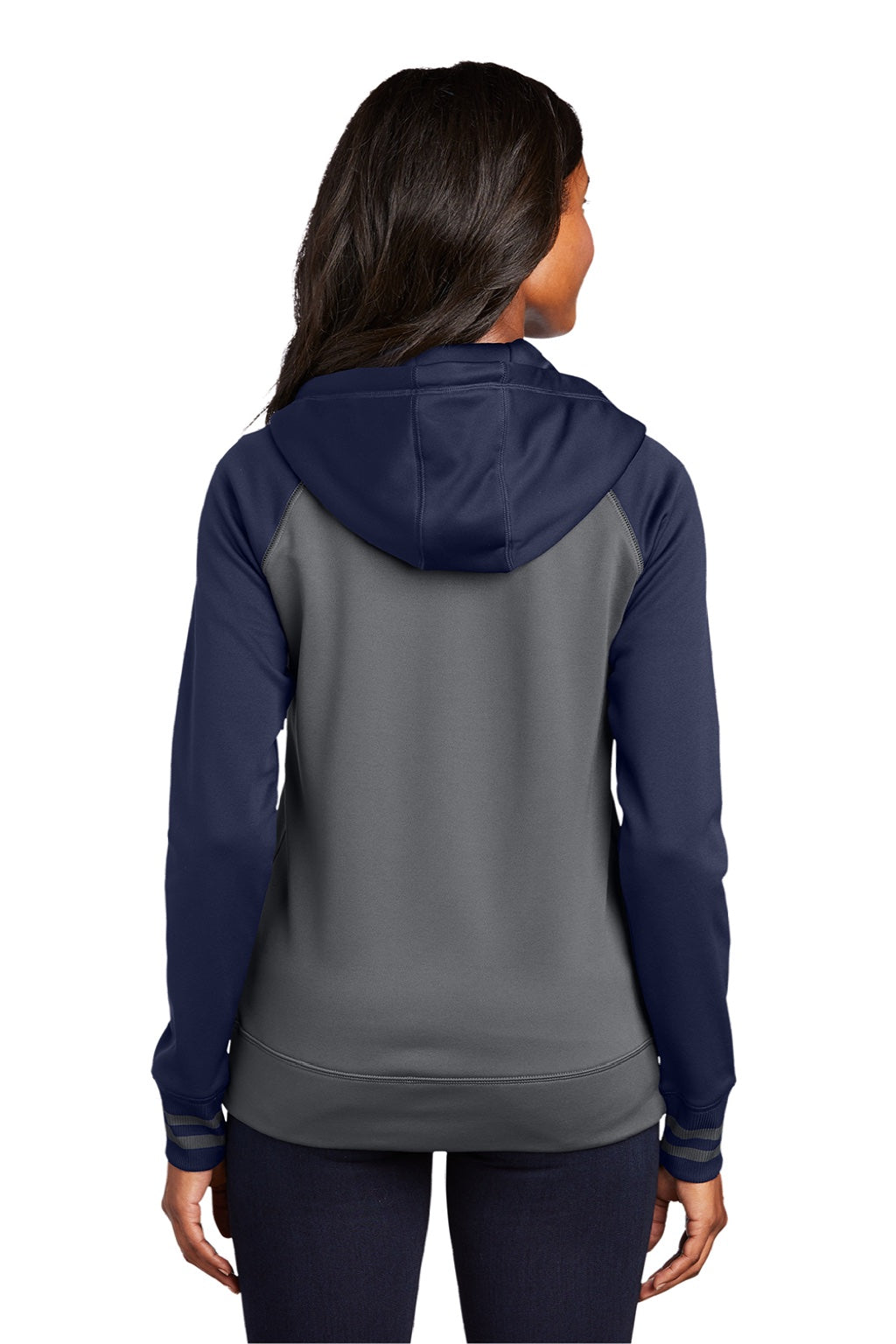 Sport-Tek LST236 Womens Sport-Wick Moisture Wicking Fleece Hooded Sweatshirt Hoodie w/ Pockets Dark Smoke Grey/Navy Blue Model Back