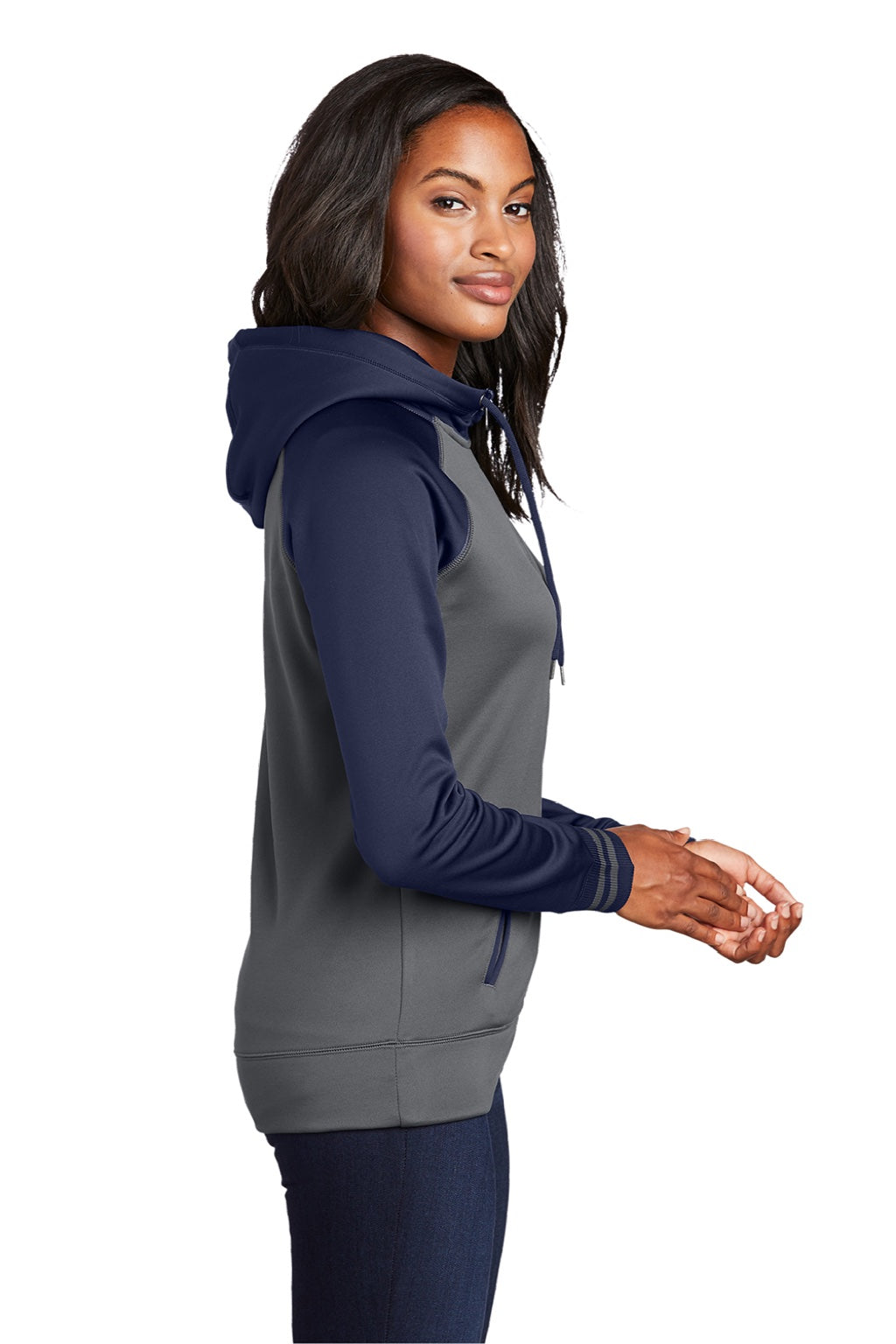 Sport-Tek LST236 Womens Sport-Wick Moisture Wicking Fleece Hooded Sweatshirt Hoodie w/ Pockets Dark Smoke Grey/Navy Blue Model Side