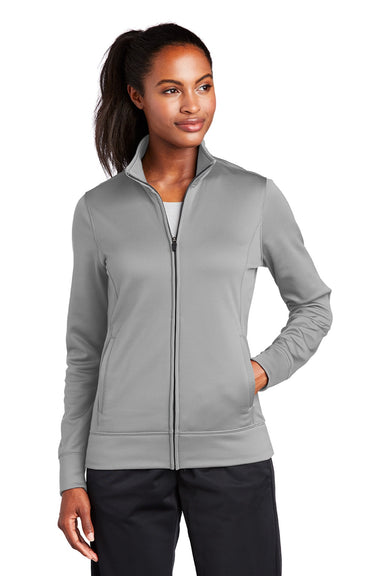 Sport-Tek LST241 Womens Sport-Wick Moisture Wicking Fleece Full Zip Sweatshirt w/ Pockets Silver Grey Model Front