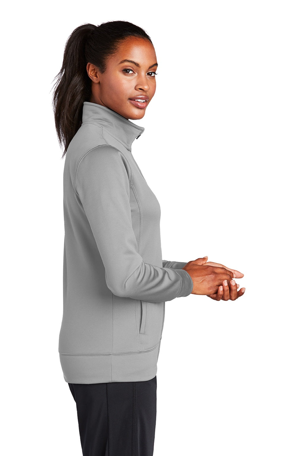 Sport-Tek LST241 Womens Sport-Wick Moisture Wicking Fleece Full Zip Sweatshirt w/ Pockets Silver Grey Model Side