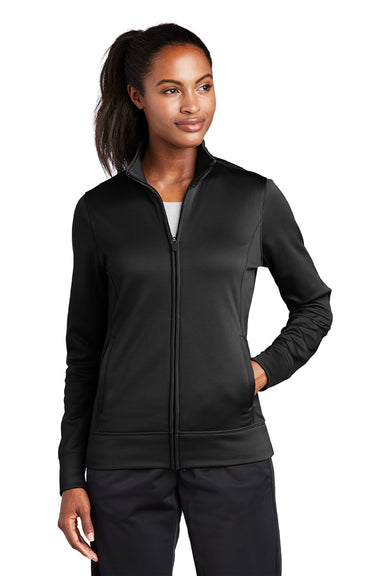 Sport-Tek LST241 Womens Sport-Wick Moisture Wicking Fleece Full Zip Sweatshirt w/ Pockets Black Model Front