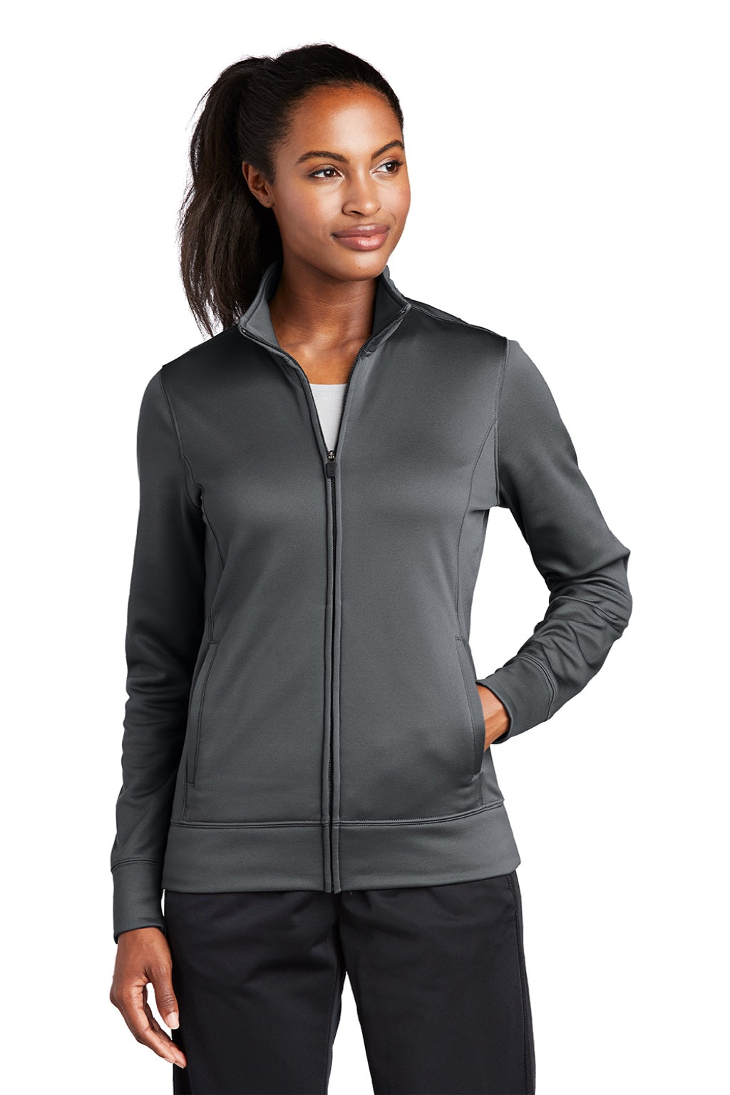 Sport-Tek LST241 Womens Sport-Wick Moisture Wicking Fleece Full Zip Sweatshirt w/ Pockets Dark Smoke Grey Model Front