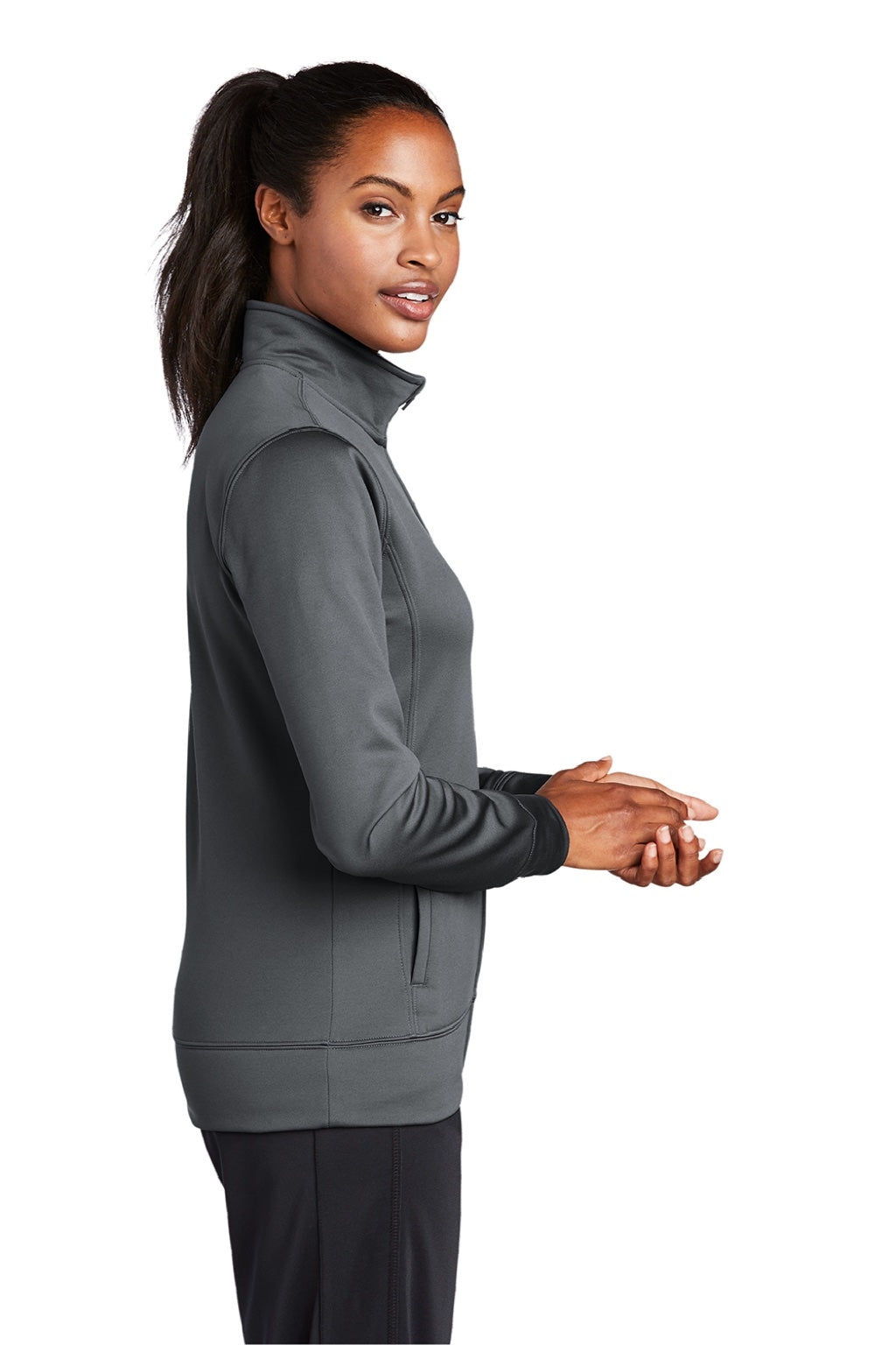 Sport-Tek LST241 Womens Sport-Wick Moisture Wicking Fleece Full Zip Sweatshirt w/ Pockets Dark Smoke Grey Model Side