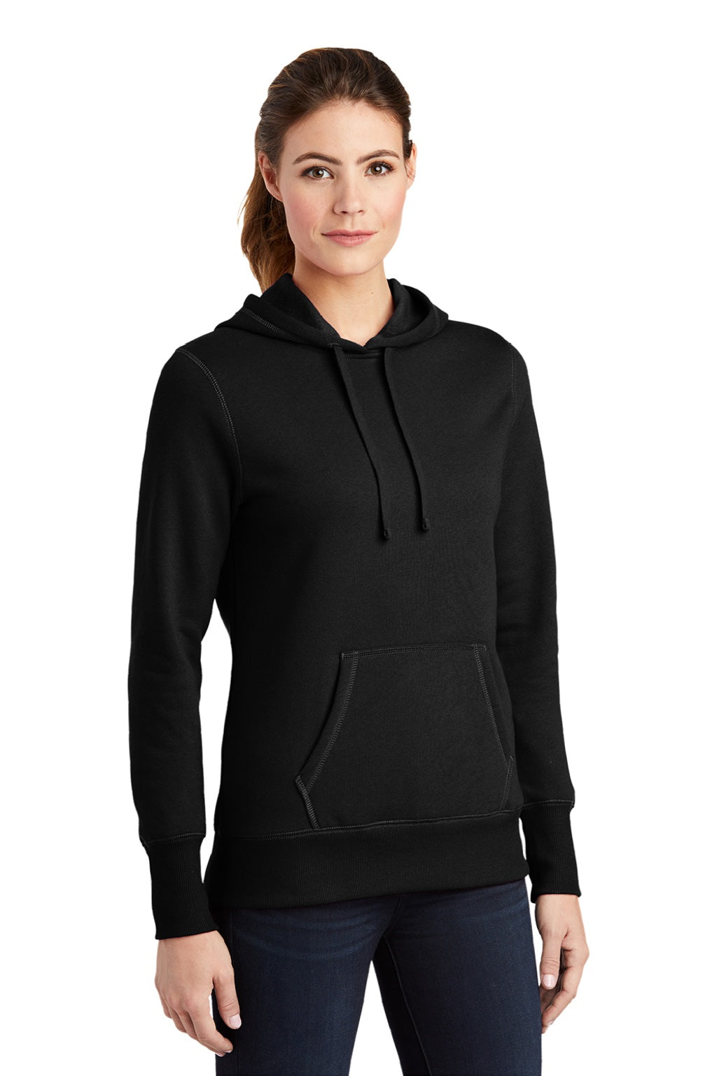Sport-Tek LST254 Womens Shrink Resistant Fleece Hooded Sweatshirt Hoodie w/ Pouch Pocket Black Model 3q