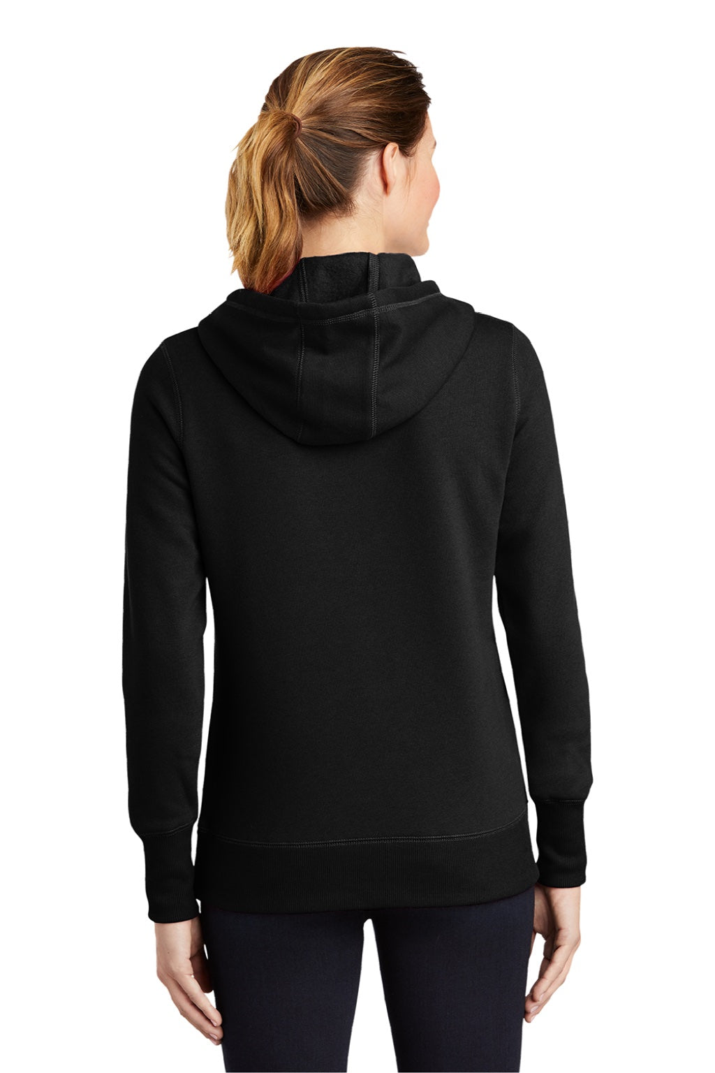 Sport-Tek LST254 Womens Shrink Resistant Fleece Hooded Sweatshirt Hoodie w/ Pouch Pocket Black Model Back