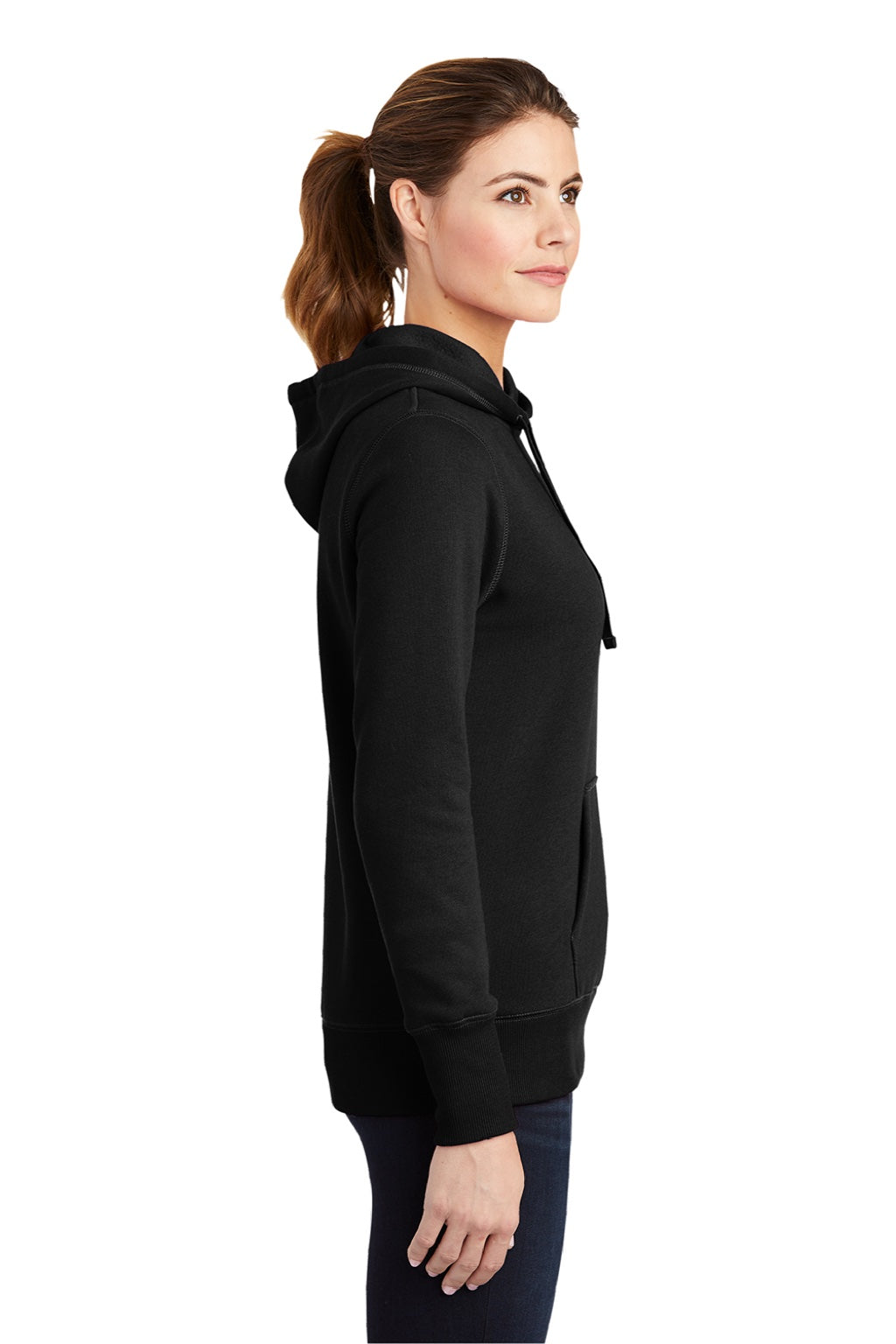 Sport-Tek LST254 Womens Shrink Resistant Fleece Hooded Sweatshirt Hoodie w/ Pouch Pocket Black Model Side