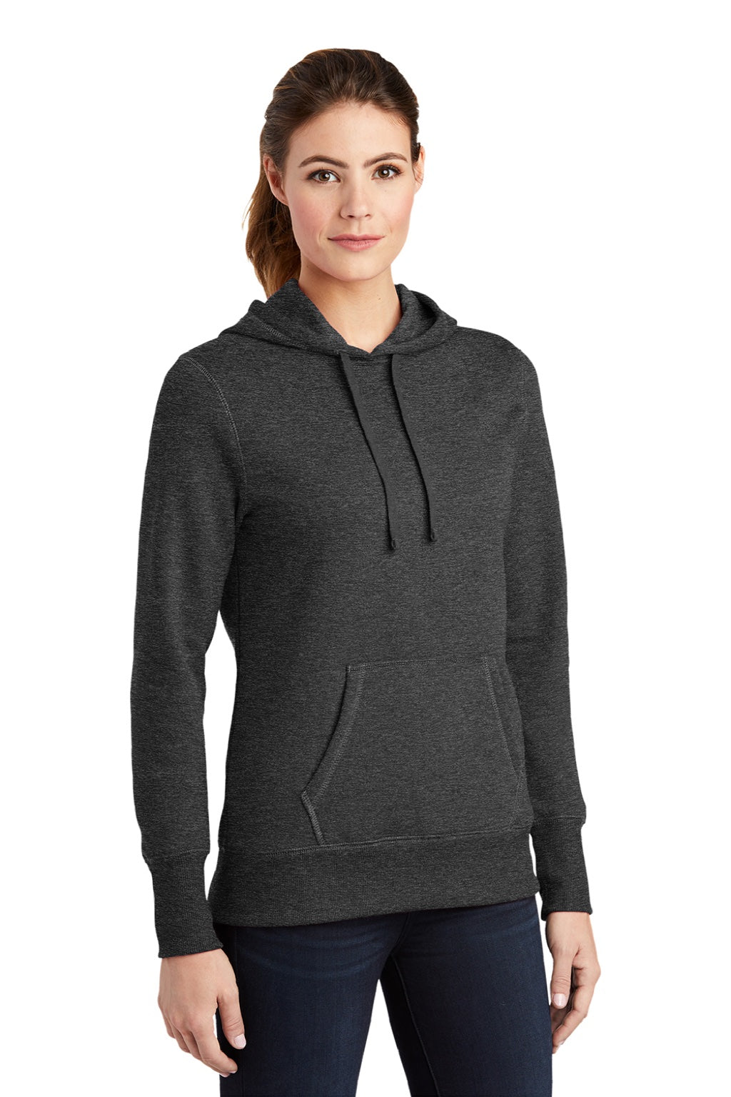 Sport-Tek LST254 Womens Shrink Resistant Fleece Hooded Sweatshirt Hoodie w/ Pouch Pocket Heather Graphite Grey Model 3q