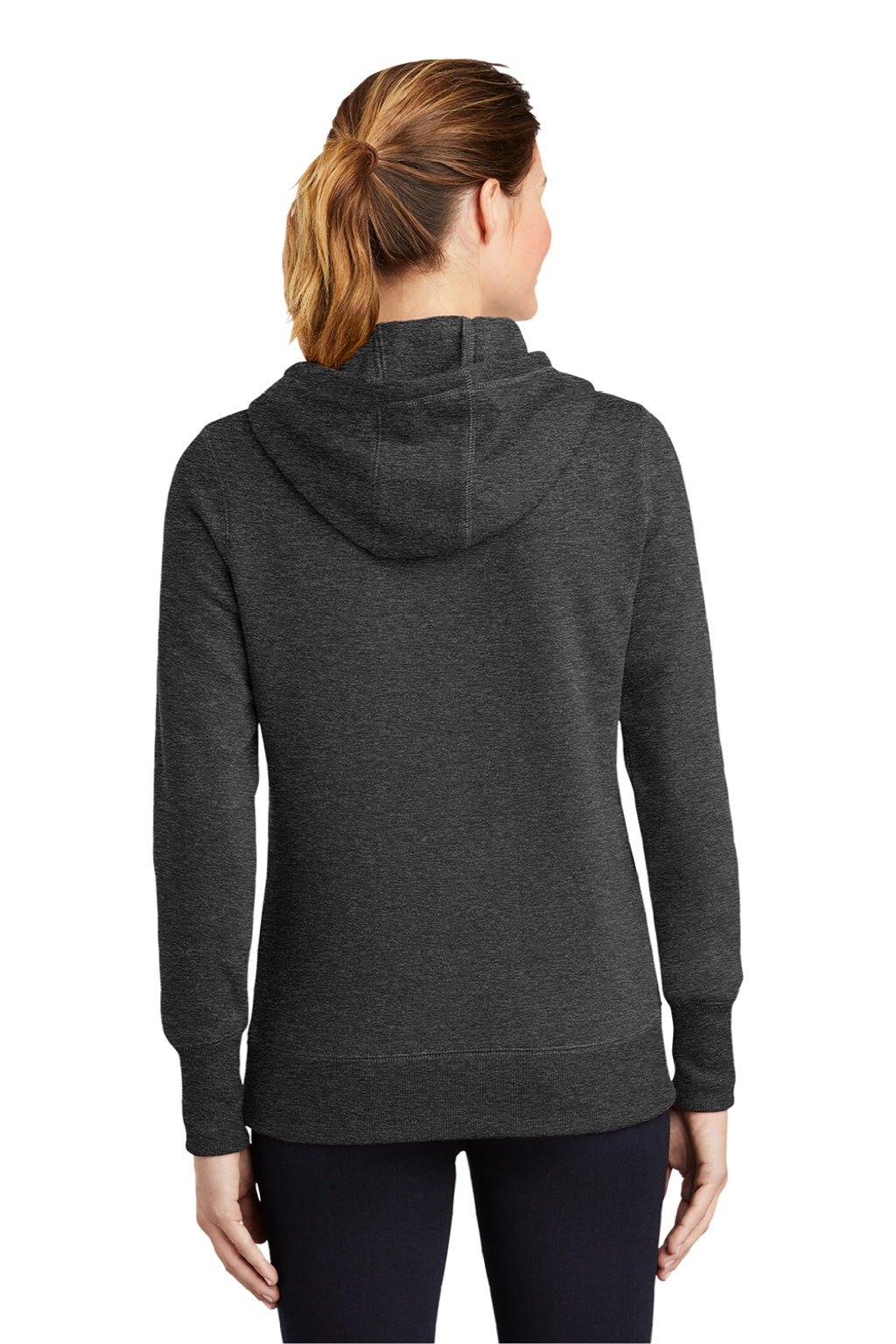 Sport-Tek LST254 Womens Shrink Resistant Fleece Hooded Sweatshirt Hoodie w/ Pouch Pocket Heather Graphite Grey Model Back