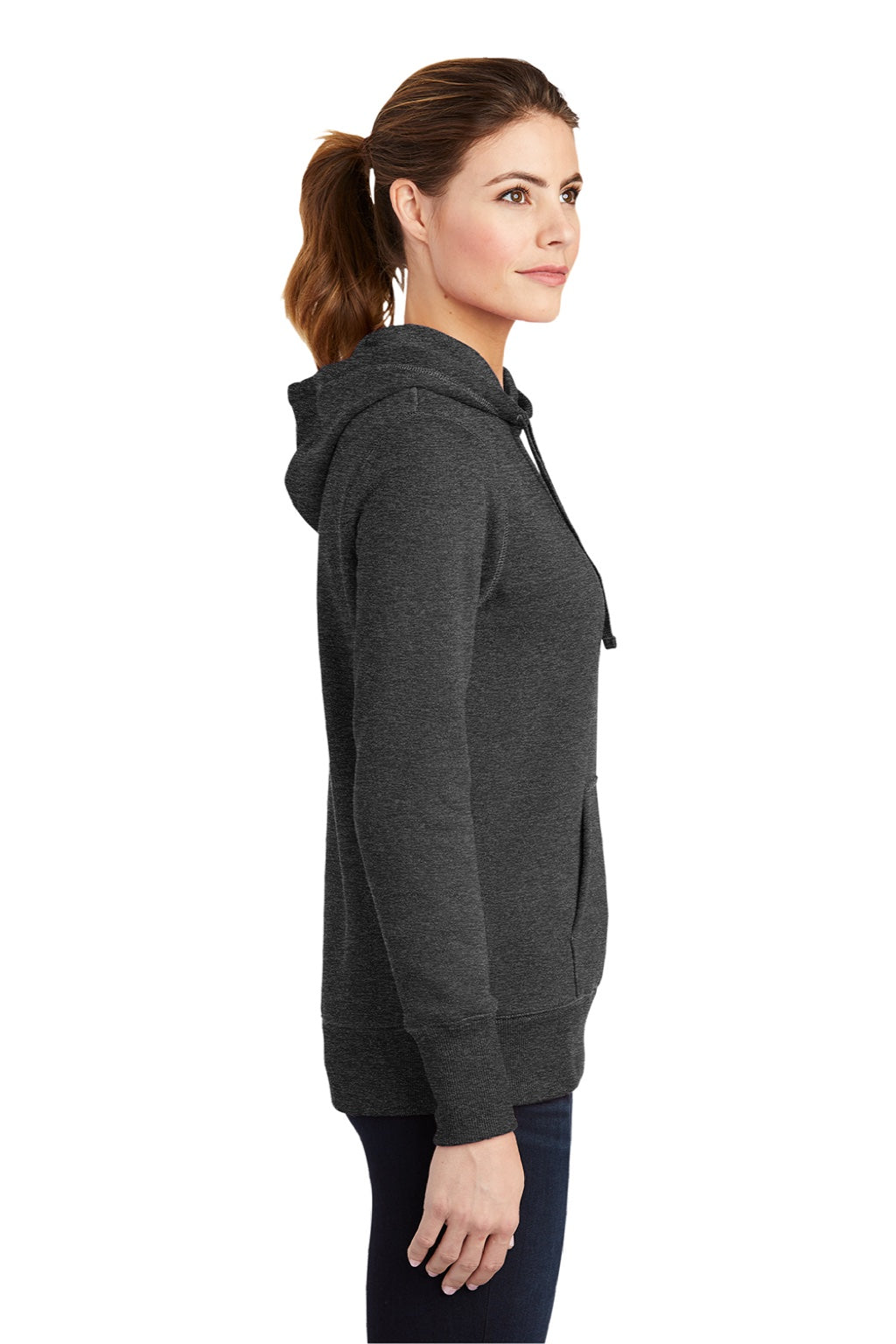Sport-Tek LST254 Womens Shrink Resistant Fleece Hooded Sweatshirt Hoodie w/ Pouch Pocket Heather Graphite Grey Model Side