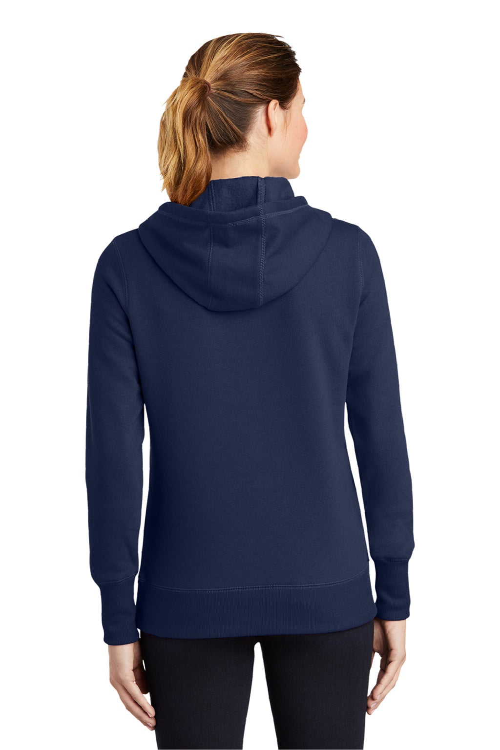 Sport-Tek LST254 Womens Shrink Resistant Fleece Hooded Sweatshirt Hoodie w/ Pouch Pocket True Navy Blue Model Back