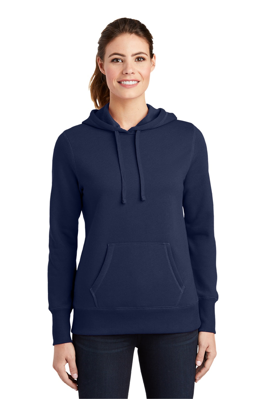Sport-Tek LST254 Womens Shrink Resistant Fleece Hooded Sweatshirt Hoodie w/ Pouch Pocket True Navy Blue Model Front