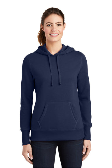 Sport-Tek LST254 Womens Shrink Resistant Fleece Hooded Sweatshirt Hoodie w/ Pouch Pocket True Navy Blue Model Front