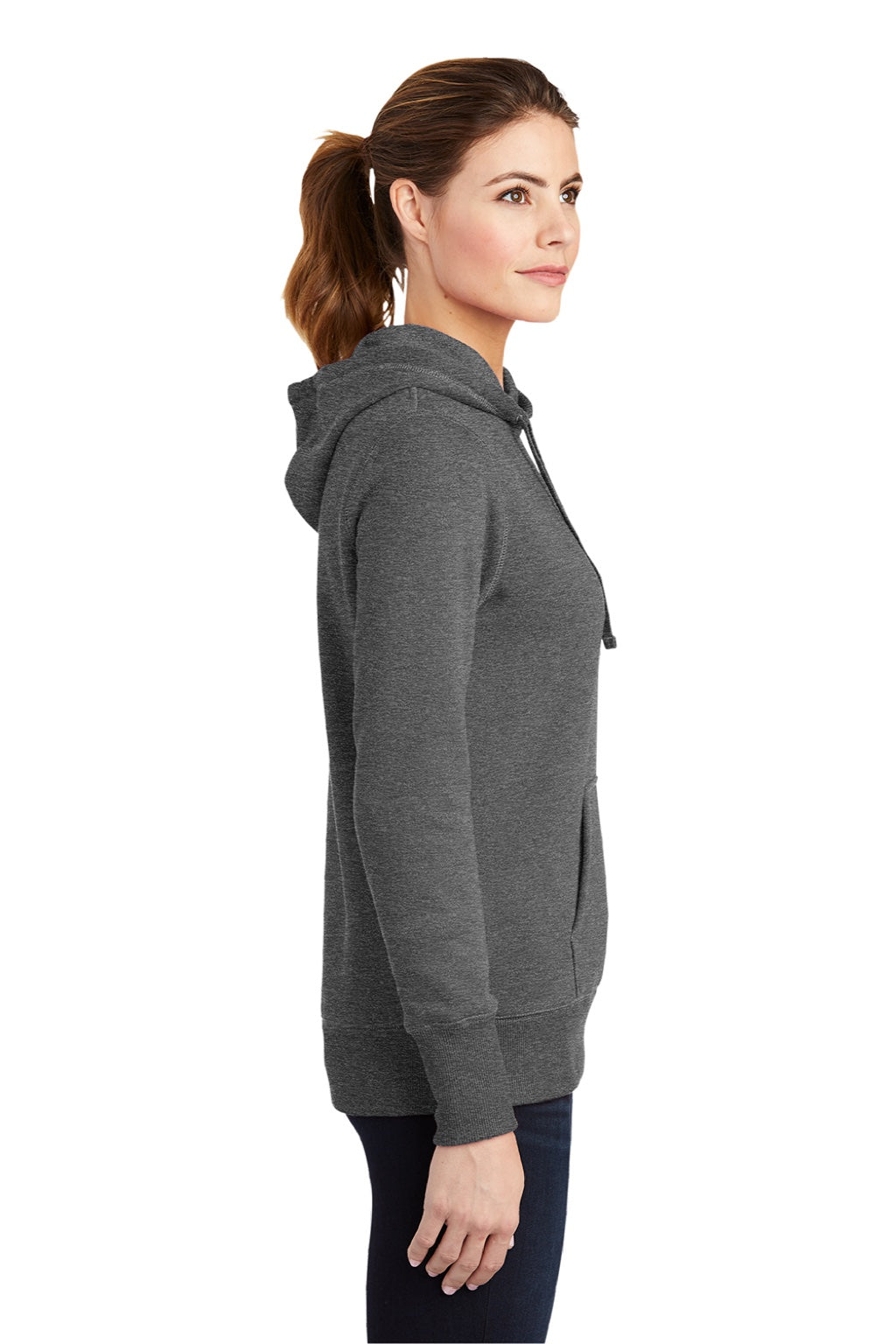 Sport-Tek LST254 Womens Shrink Resistant Fleece Hooded Sweatshirt Hoodie w/ Pouch Pocket Heather Vintage Grey Model Side