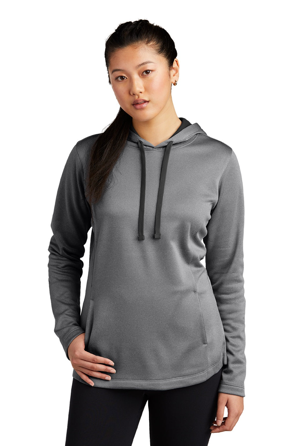 Sport-Tek LST264 Womens Heather Sport-Wick Moisture Wicking Fleece Hooded Sweatshirt Hoodie w/ Pouch Pocket Heather Black Model Front